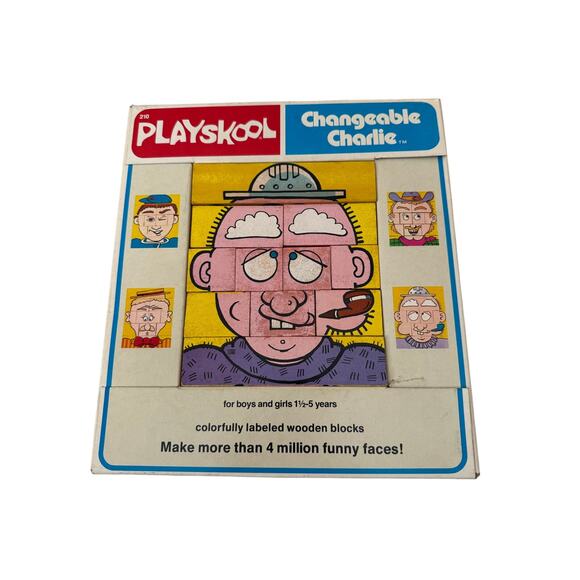 Vintage 1970s Playskool Changeable Charlie Wooden Block Faces Puzzle Toy Kit - Picture 1 of 5